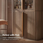 77" Tall Pantry Cabinets with Glass Doors, Fluted Storage Cabinet, Oak 1pc | Wooden Kitchen Food Cupboard, Adjustable Shelves, Modern Display Storage Closet for Living Room, Dining Room, Office