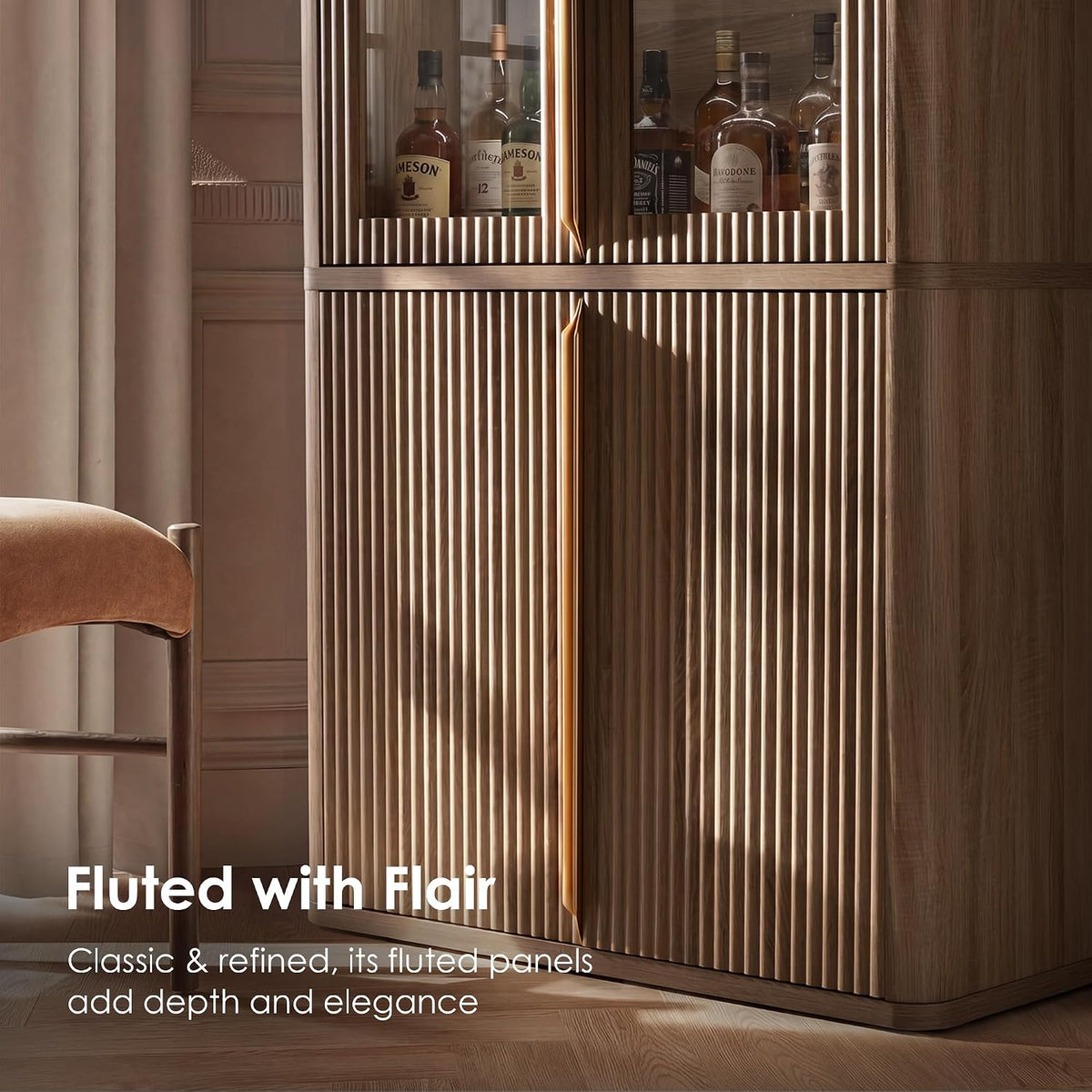 77" Tall Pantry Cabinets with Glass Doors, Fluted Storage Cabinet, Oak 1pc | Wooden Kitchen Food Cupboard, Adjustable Shelves, Modern Display Storage Closet for Living Room, Dining Room, Office
