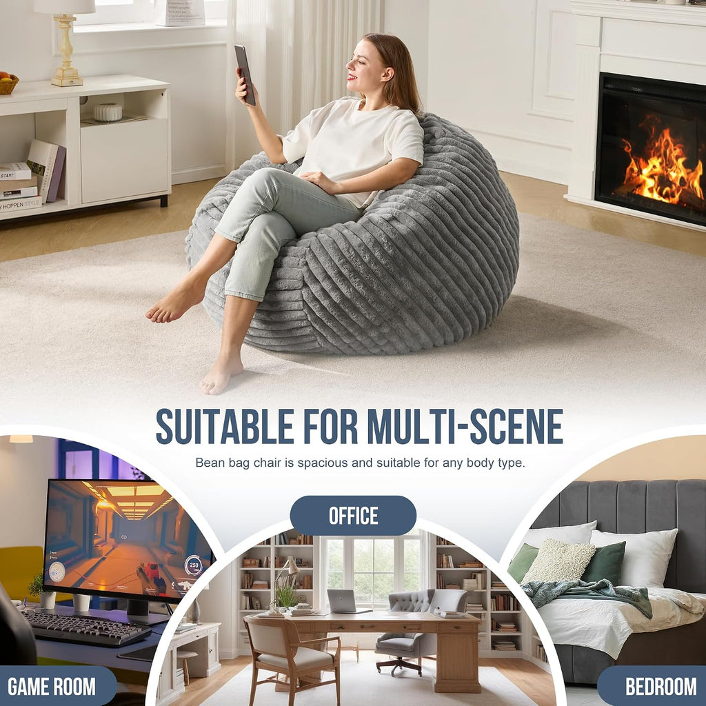 Hobestluk Adult Bean Bag Chair Giant Beanbag with Filling Living Room 3FT | Grey Large Big Oversized Bean Bag Chair Memory Foam Filling Machine Washable Fluffy Cover Bedroom Dorm Reading Gaming