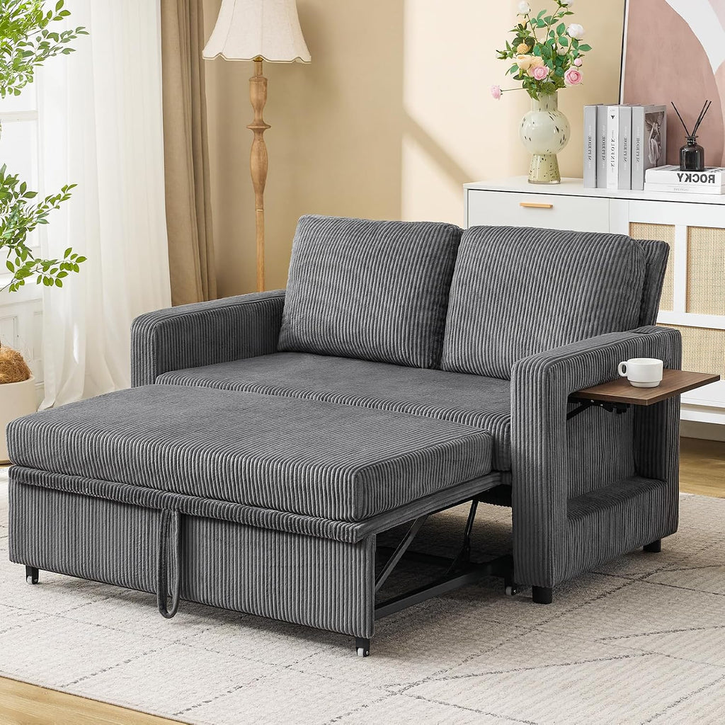 3 in 1 Convertible Sofa Bed, Pull Out Couch with Dual USB and Type C Ports, Chenille Fabric Loveseat Sleeper Sofa Bed, Sofa Bed with Foldable Side Table for Living Room Home Office Apartment