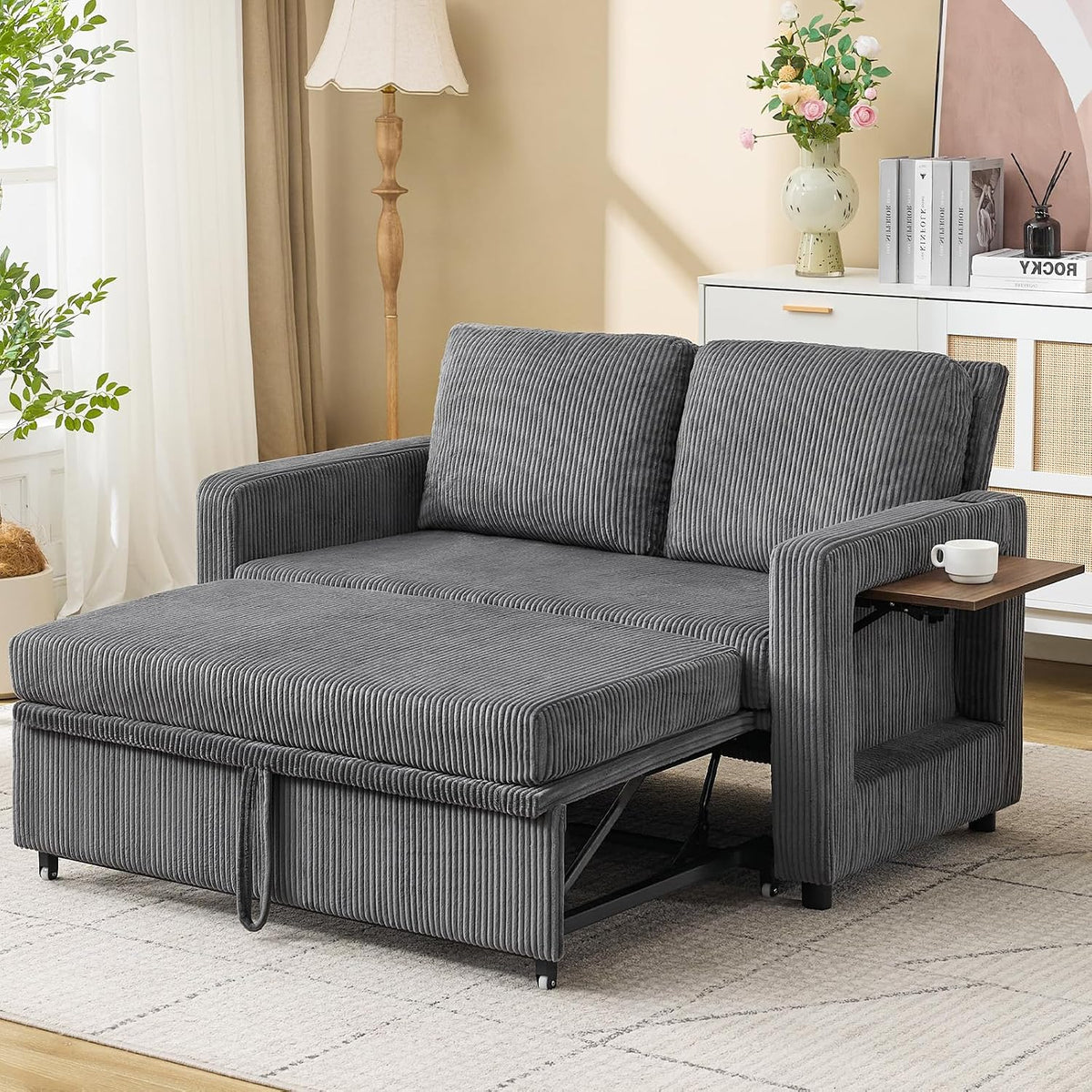 3 in 1 Convertible Sofa Bed, Pull Out Couch with Dual USB and Type C Ports, Chenille Fabric Loveseat Sleeper Sofa Bed, Sofa Bed with Foldable Side Table for Living Room Home Office Apartment