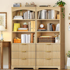 TEENFON 63.3" Tall Bookshelf, Bookshelves and Bookcases with Drawers, Arched Design Bookcase with Storage Cabinet, Natural Wood Grain Wave Pattern Storage Shelves for Living Room, Bedroom,Office
