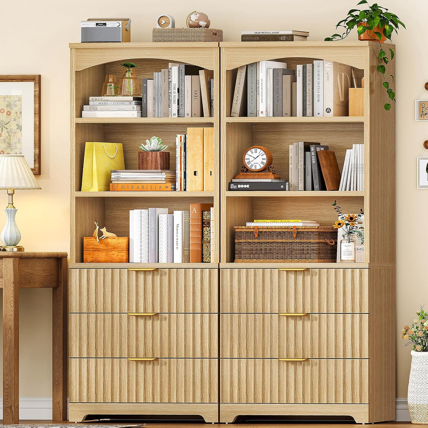 TEENFON 63.3" Tall Bookshelf, Bookshelves and Bookcases with Drawers, Arched Design Bookcase with Storage Cabinet, Natural Wood Grain Wave Pattern Storage Shelves for Living Room, Bedroom,Office