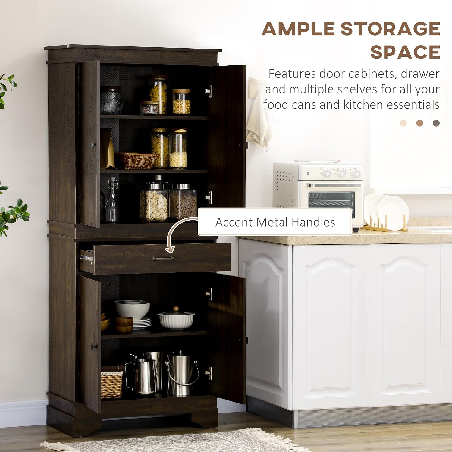 HOMCOM 72" Farmhouse Kitchen Pantry, 4-Door Rustic Storage Cabinet with Drawer and 3 Shelves, Walnut