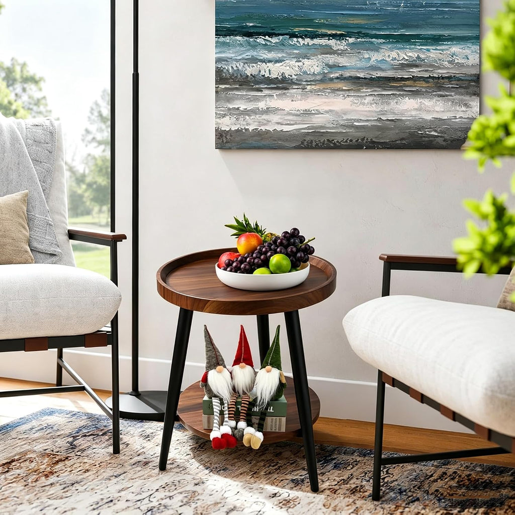 Small Round Side Table, 2-Tier Mid Century Modern Side Table, Round End Table Small End Table for Living Room, Metal Frames, Brown