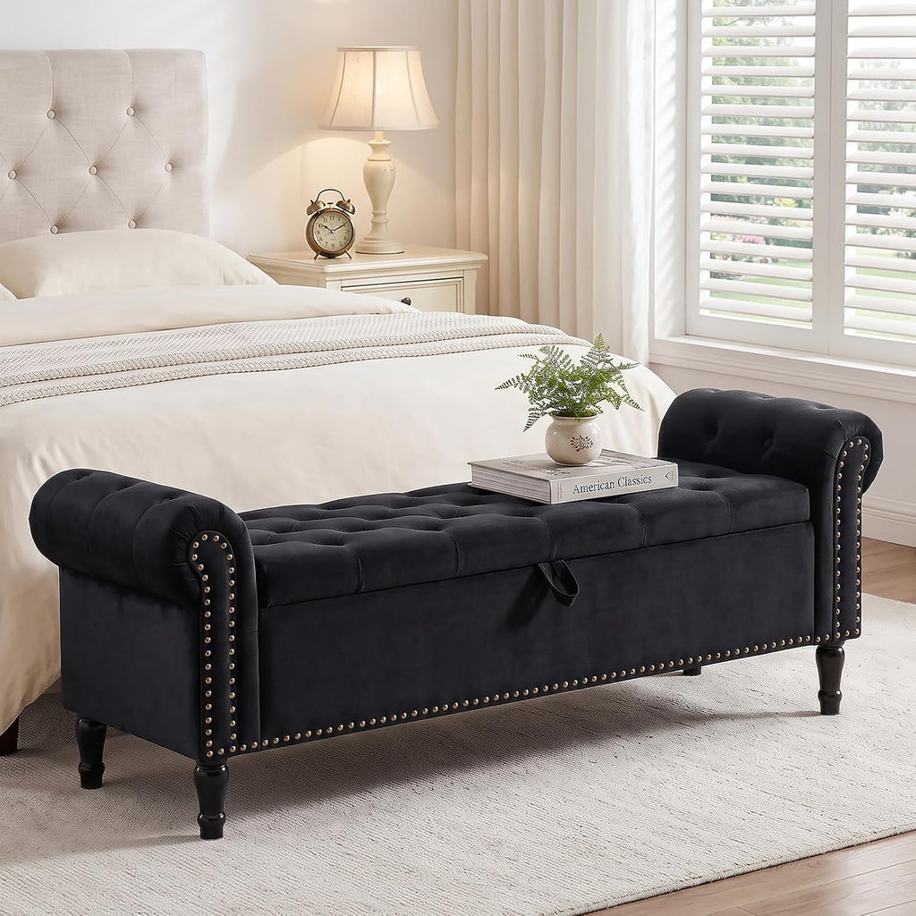67'' End of Bed Storage Bench King Size, Storage Bench for Bedroom End of Bed, Upholstered Velvet Tufted Storage Ottoman Benches with Arms for Living Room, Entryway, Black