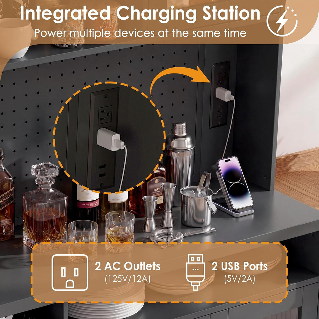 Large Coffee Bar Cabinet LED Wine Pantry Cabinet with Storage Hutch | 70.8" Freestanding Storage Cabinet with Charging Station, Adjustable Shelves, Wine Rack for Dining Room, Living Room, Black
