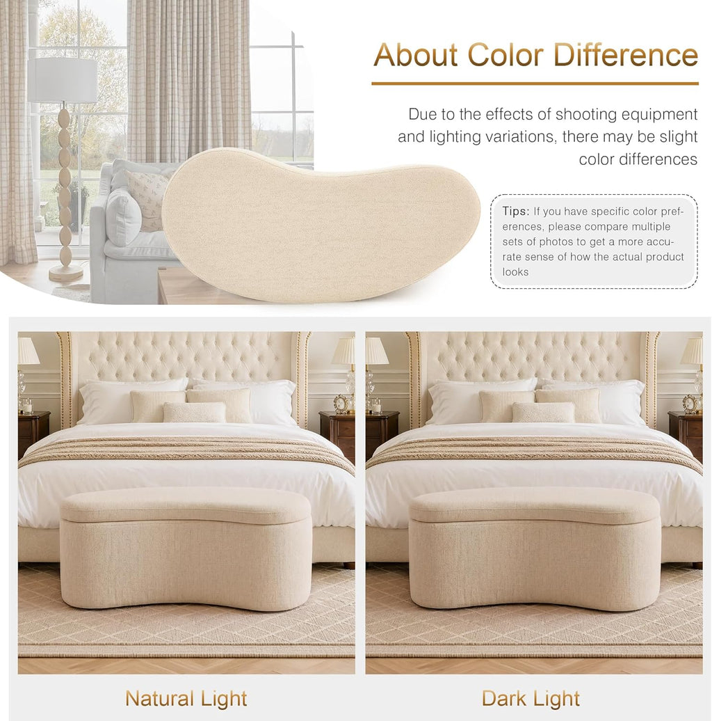 Zesthouse Storage Bench for Bedroom End of Bed, 39.4" Small Curved Entryway Ottoman Bench, Beige Linen Fabric Bench Seat for Living Room Hall Mudroom, Modern Upholstered Coffee Table Crescent Shape