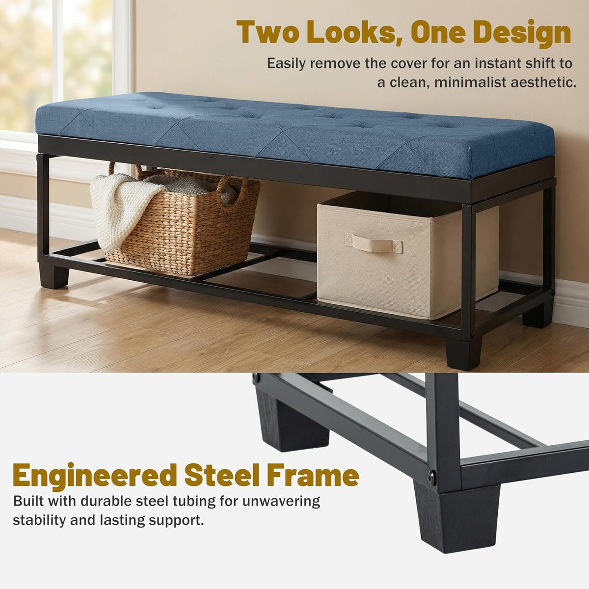 DUMOS Storage Ottoman Bench, 43.3 Inch End of Bed Bench for Living Room | 27 Gallon Steel Frame Linen-Look Fabric Chest, Removable Cover, 250lb Capacity, Bedroom Entryway, Blue