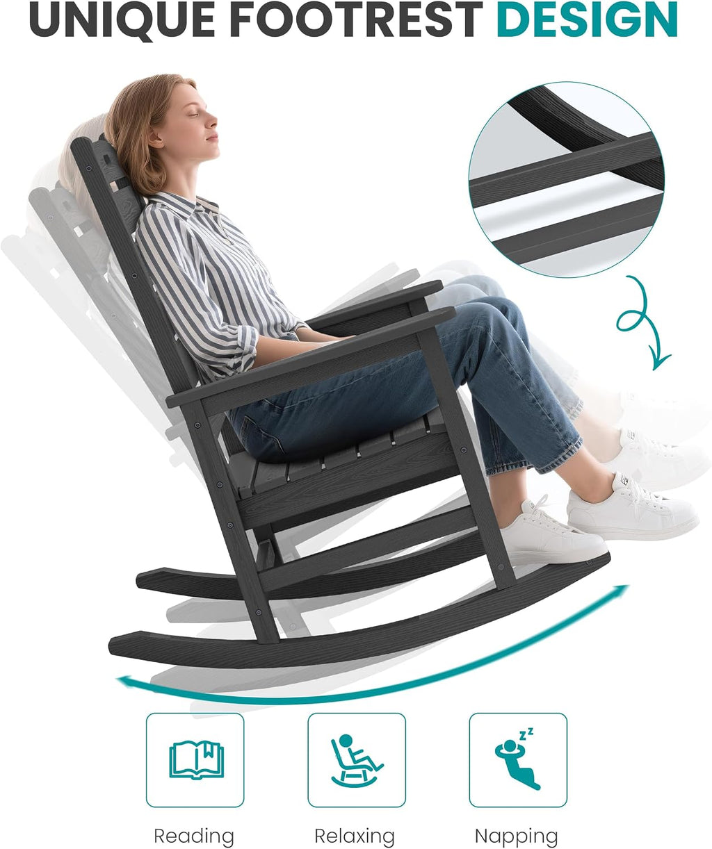 SERWALL Outdoor Rocking Chair Set of 2, Oversized Rocking Chair with Footboard for Adults, HDPE All Weather Resistant Rocking Chairs for Patio, 350lbs Weight Capacity, Gray