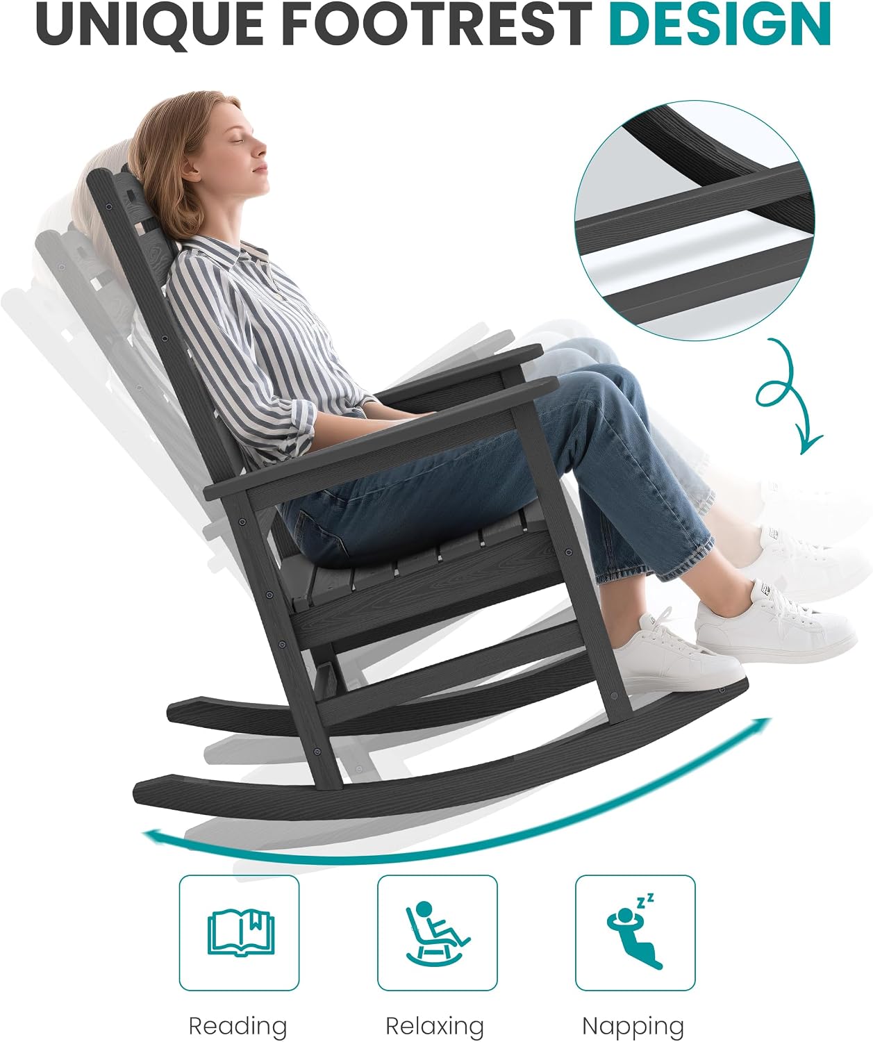 SERWALL Outdoor Rocking Chair Set of 2, Oversized Rocking Chair with Footboard for Adults, HDPE All Weather Resistant Rocking Chairs for Patio, 350lbs Weight Capacity, Gray