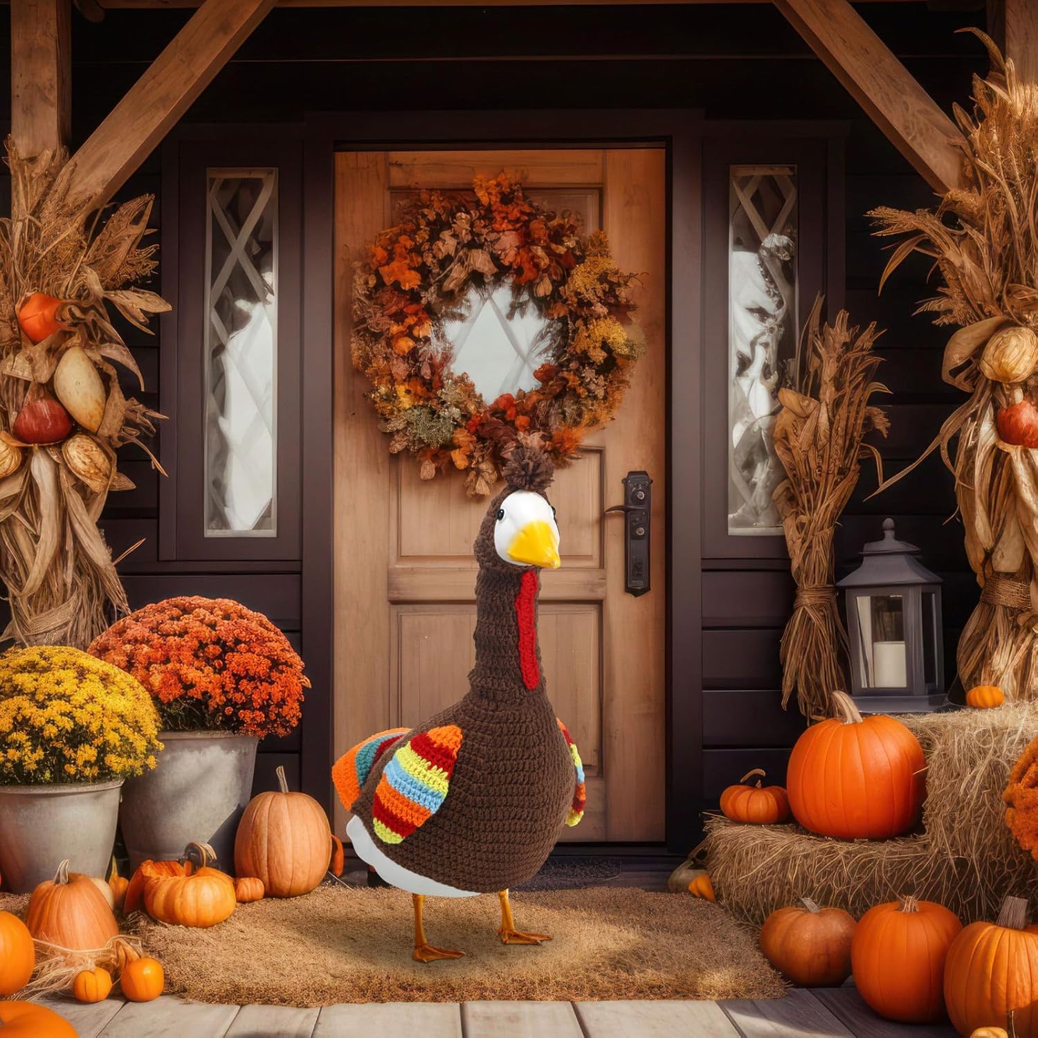 Abbylike Turkey Porch Goose Outfit Fall Thanksgiving Porch Goose Outfits Costume Clothes Fits Large 23'' Cement for Garden Yard Statue Pathway Decorations