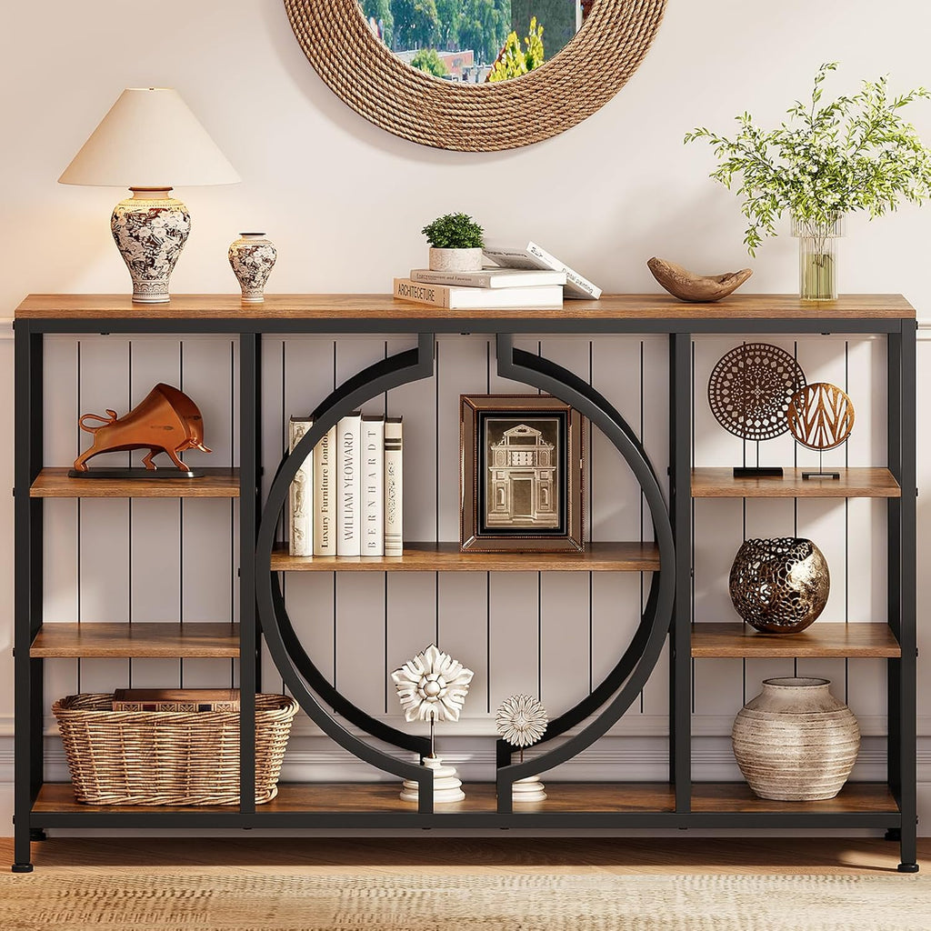 GiftGo 47" Industrial Console Tables for Entryway Rustic Sofa Table Behind Couch 4 Tier Wooden Shelves Entry Table with Storage for Foyer, Hallway, Front Door,Living Room (Rustic Brown, 47")
