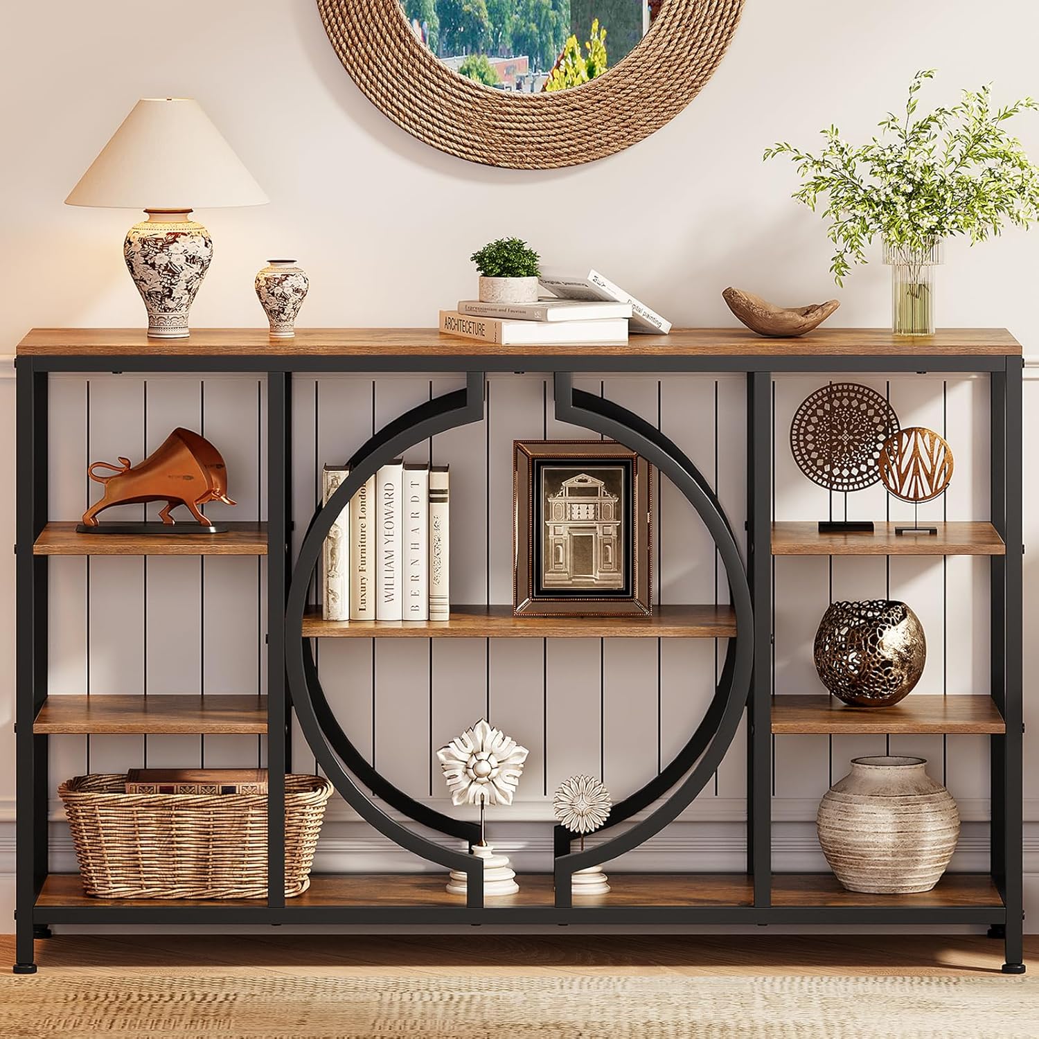 GiftGo 47" Industrial Console Tables for Entryway Rustic Sofa Table Behind Couch 4 Tier Wooden Shelves Entry Table with Storage for Foyer, Hallway, Front Door,Living Room (Rustic Brown, 47")