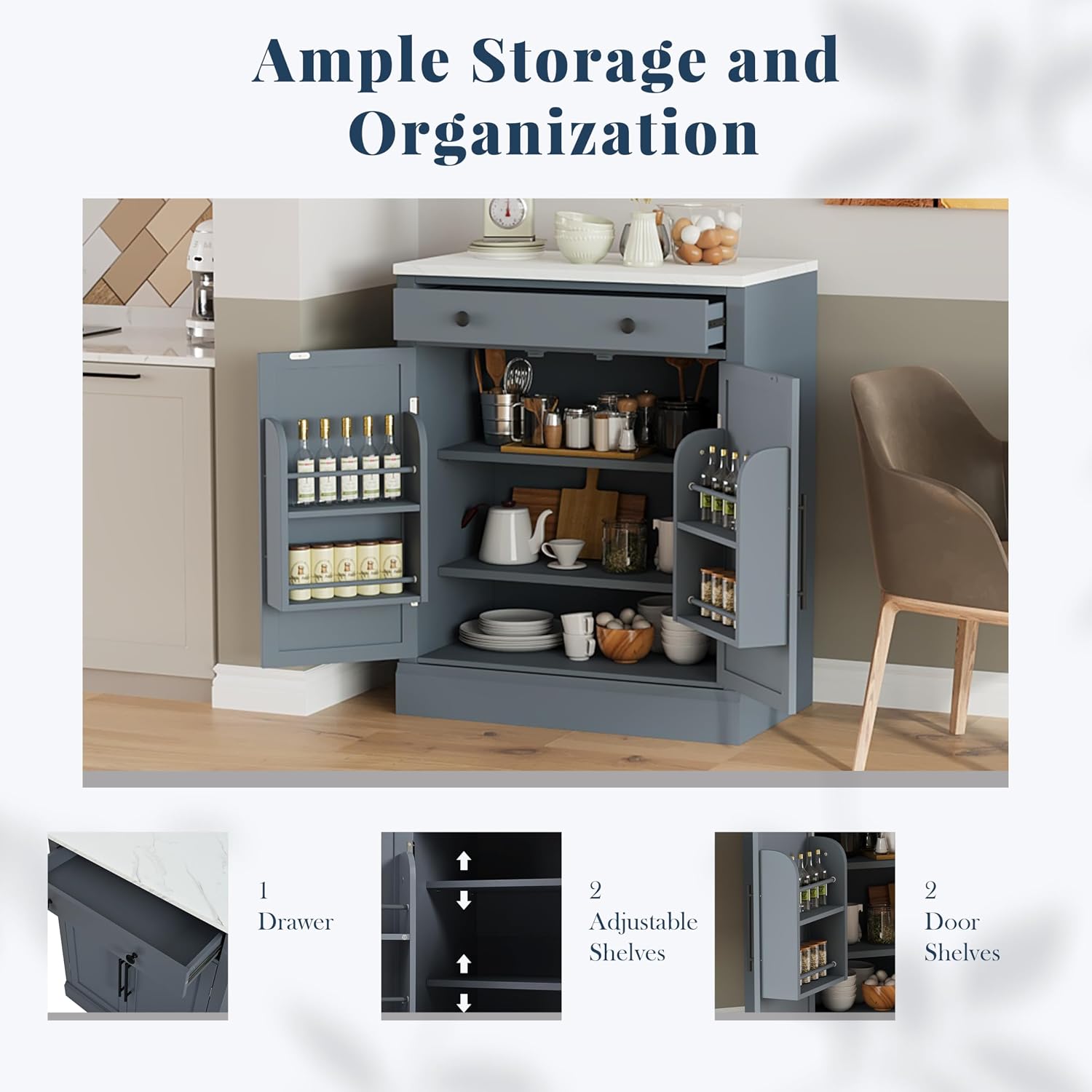 Kitchen Pantry with Drawer, Kitchen Storage Cabinet with 2 Doors 2 Adjustable Shelves for Kitchen, Living Room and Dining Room (Gray,2)