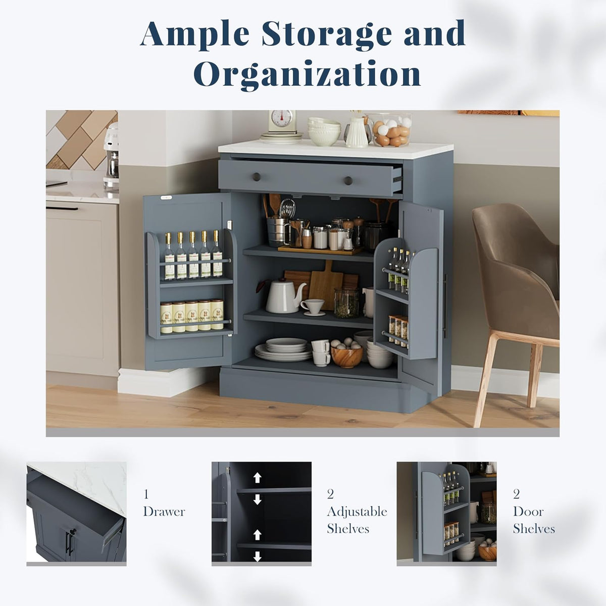 Modern Freestanding Kitchen Pantry & Buffet Food Storage Cabinet with Drawer, 2 Adjustable Shelves, 2 Door Shelves, Faux Marble Countertop - Ideal for Dining, Kitchen, and Coffee Bar (Gray)