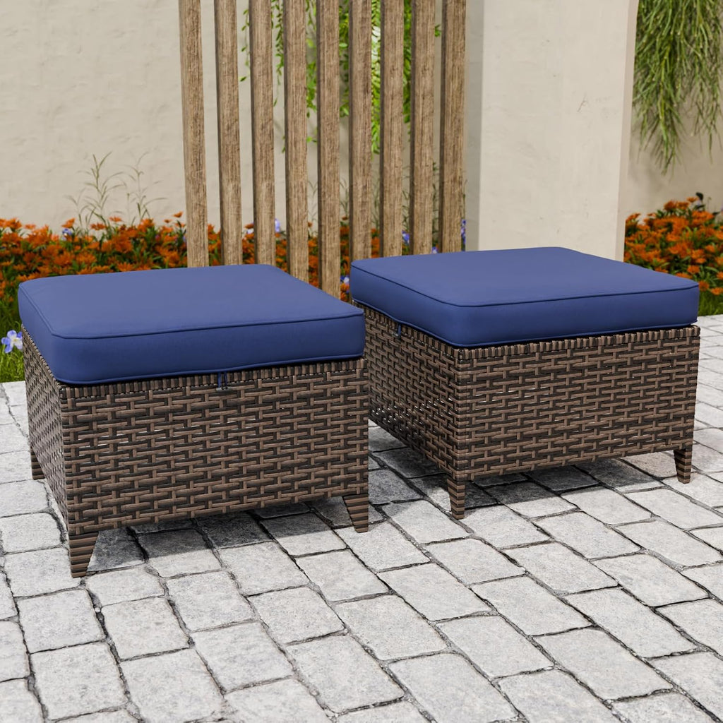 COOS BAY Harbor Retreat Wicker Outdoor Ottomans Set of 2, Patio Footrests with Removable Cushions for Couch, Deck, Backyard & Poolside, Brown/Blue