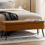 kinmars Leather Storage Ottoman Bench, End of Bed Bench with Steel Legs | Brown Leather Smooth Upholstery Design | 660 lb Capacity | Safety Hinges |Mid-Century Modern Style | Bedroom & Entryway