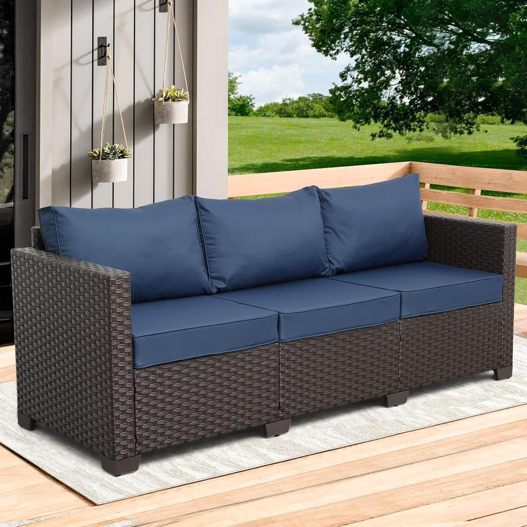 Rattaner 3-Seat Patio Wicker Sofa, Outdoor Rattan Couch Furniture Steel Frame with Furniture Cover and Deep Seat High Back, Blue Anti-Slip Cushion.