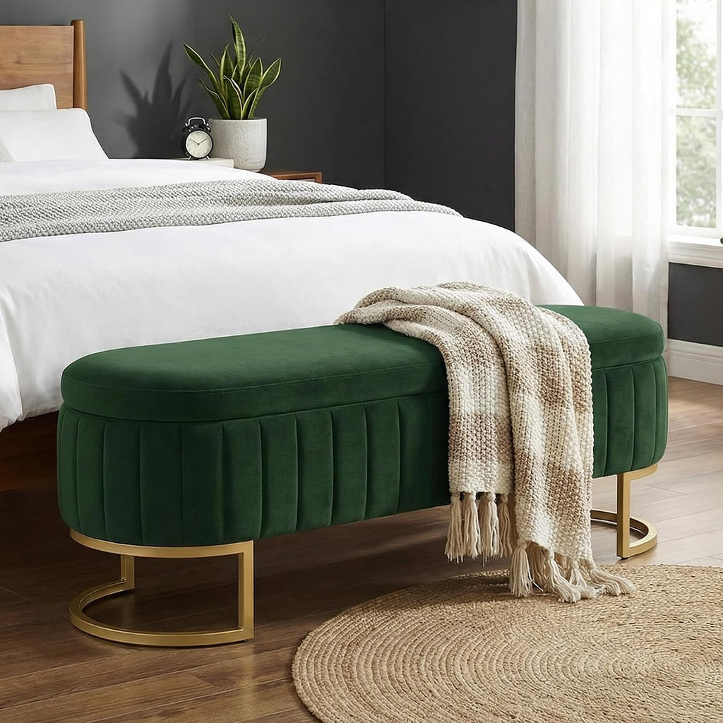 65" Velvet Storage Ottoman Bench End of Bed for Bedroom Entryway Green | Velvet Large Storage Solid Wood with Metal Leg 300 lbs Weight