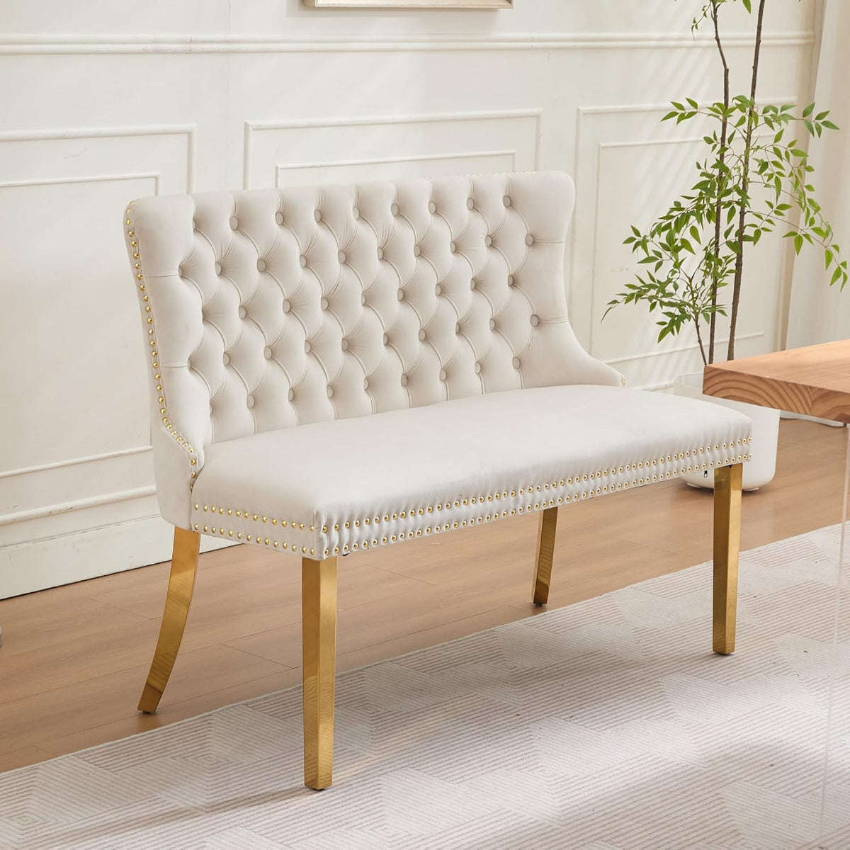 mikibama Luxury Settee Dining Bench with Back,Velvet Upholstered Banquette Benches with Nailhead Trim,Button Tufted Small Loveseat Sofa Couch Booth Seating for Small Spaces(Beige Gold)