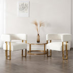 Barrel Accent Chairs Set of 2, Modern Side Chair with Golden Metal Legs, Sherpa Upholstered Reading Armchair, Boucle Club Chairs for Living Room/Reception Room/Bedroom/Office, White