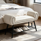 45" Upholstered Storage Shoe Bench, Velvet Fabric End of Bed Bench with Metal Shelf, Modern Bedroom Bench with Rolled Arms, Entryway Window Bench with Storage for Living Room, Hallway, Cream