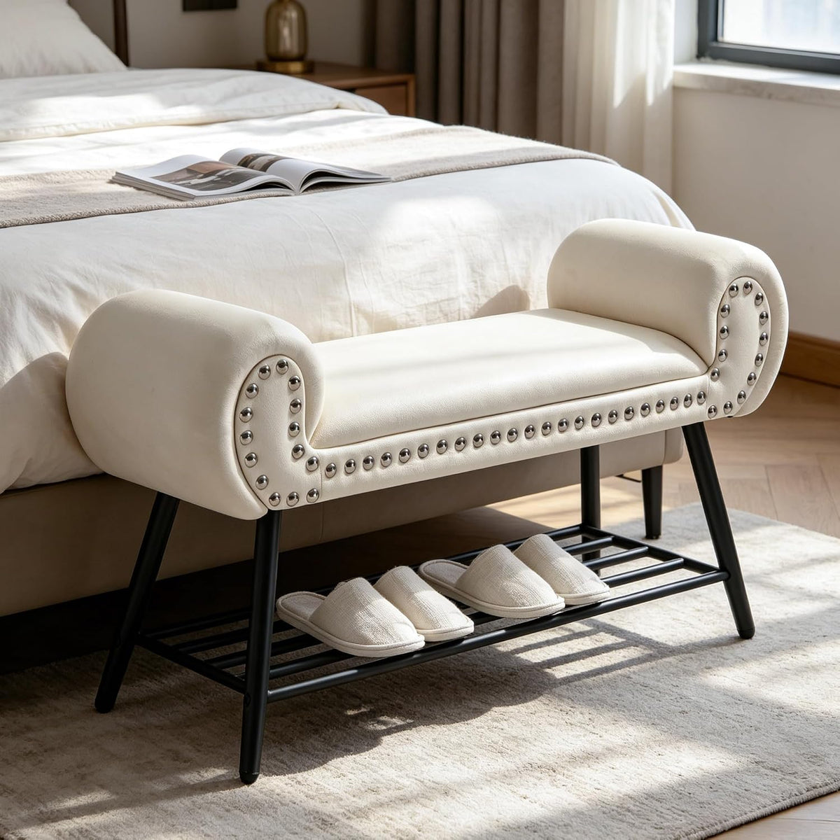 45" Upholstered Storage Shoe Bench, Velvet Fabric End of Bed Bench with Metal Shelf, Modern Bedroom Bench with Rolled Arms, Entryway Window Bench with Storage for Living Room, Hallway, Cream