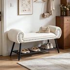 45" Entryway Bench with Shoe Storage，Modern Bedroom Velvet Fabric Upholstered with Stable Metal Frame and Solid Shelf for Bedroom, Living Room，Foyer, 330LB, Cream