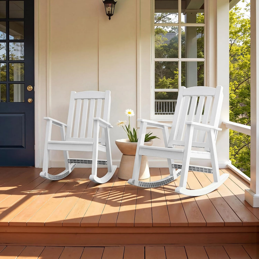Flamaker Outdoor Rocking Chairs, PP Material Patio Rocking Chairs All Weather Resistant, Heavy Duty Rockers with High Back for Patio Backyard Porch (White)