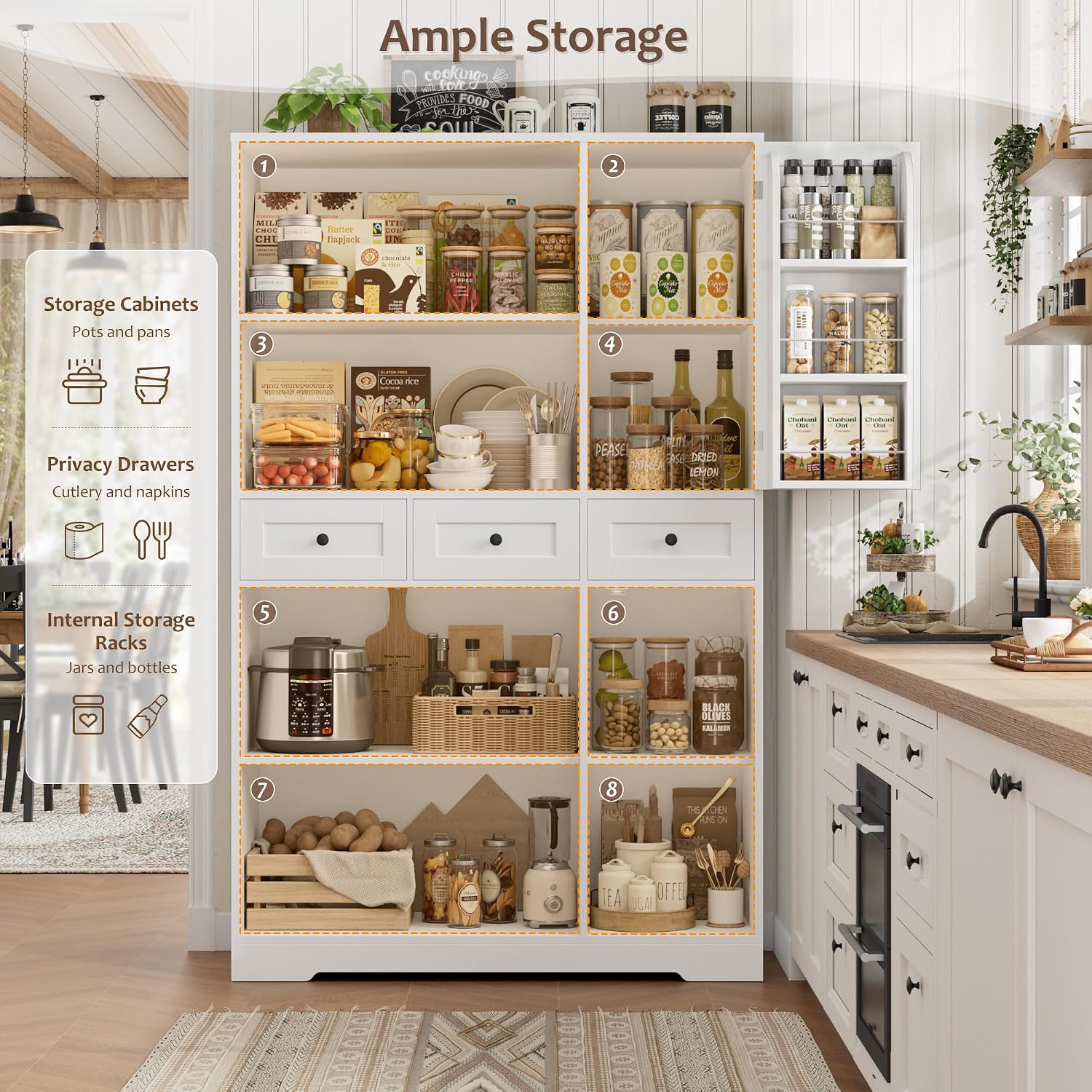 HOSTACK Modern Farmhouse Kitchen Pantry Storage Cabinet, 67" H Kitchen Pantry Cabinet with Barn Doors and Shelves, Freestanding Food Storage Cabinets with Drawers for Dining Room, Living Room, White