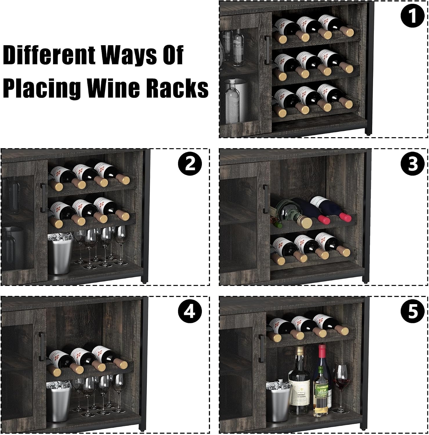Takywep 3-Tier Wine Bar Cabinet with Removable Wine Rack, Glass Holder, Industrial Buffet Cabinet with Mesh Doors, Storage Sideboard for Kitchen, Dining Room, Living Room