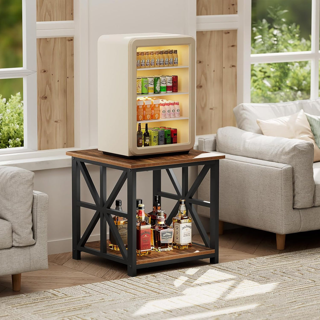 GreenForest Large End Table with X-Shaped Metal Frame for Living Room | Rustic Side Table for Bedroom Office,2-Tier Storage Shelf Nightstand,Scratch-resistant Sofa Table,Walnut,24 inch
