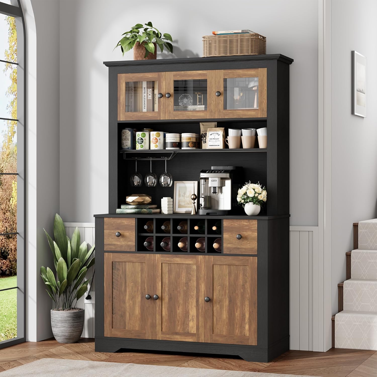 68.7 " Pantry Cabinet with LED Light and Charging Station, Kitchen Pantry Storage Cabinet with Countertop, Large Kitchen Hutch with Wine Rack & Adjustable Shelves for Dining Room, Living Room