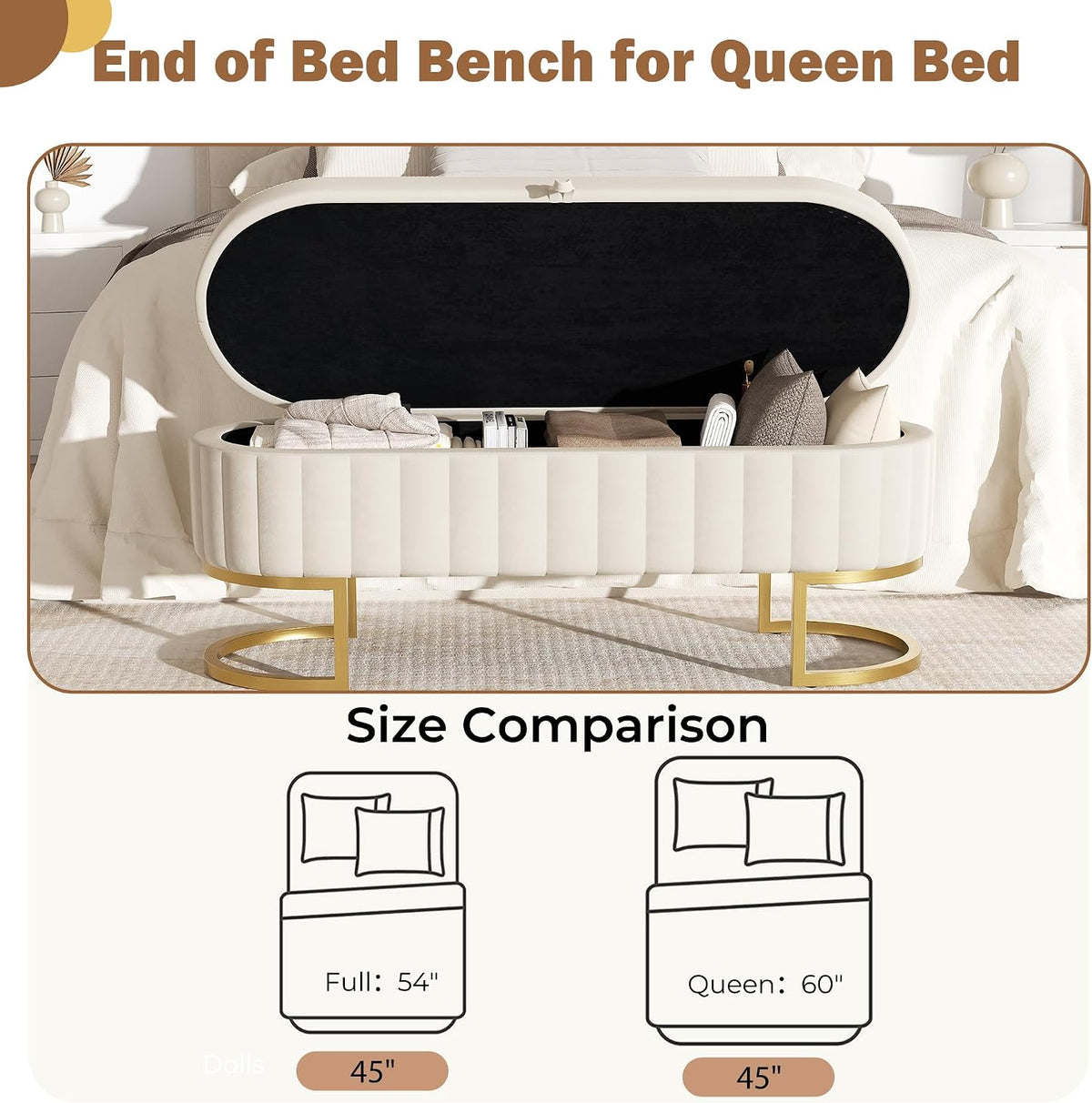 Storage Ottoman Bench, 45" Velvet End of Bed Bench Bedroom Bench with Golden Metal Legs, Upholstered Storage Bench for Bedroom Living Room Entryway and Window, Beige