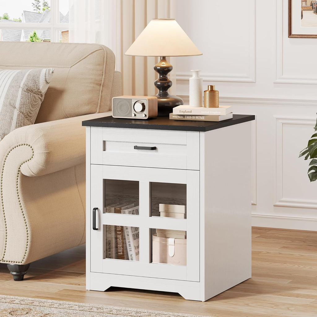 Farmhouse End Table, 18" Side Table with Drawer and Barn Door Storage, Wood Sofa Side Bedside Table for Living Room, Bedroom (White)