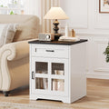 Farmhouse End Table, 18" Side Table with Drawer and Barn Door Storage, Wood Sofa Side Bedside Table for Living Room, Bedroom (White)