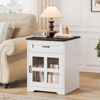 Farmhouse End Table, 18" Side Table with Drawer and Barn Door Storage, Wood Sofa Side Bedside Table for Living Room, Bedroom (White)