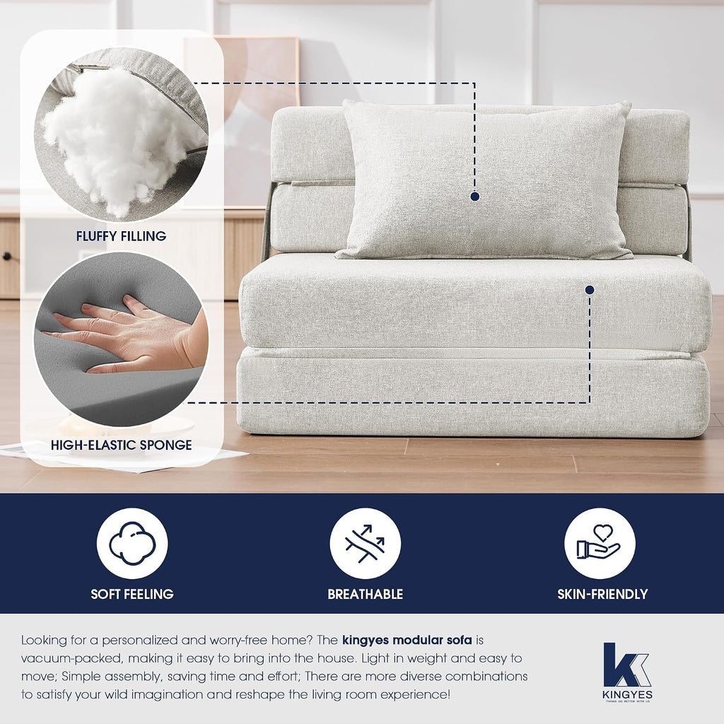 KINGYES 3-in-1 Foldable Chair Bed, Folding Sleeper Chair with Back Cushion, Convertible Sofa Bed for Adults, Cream Beige