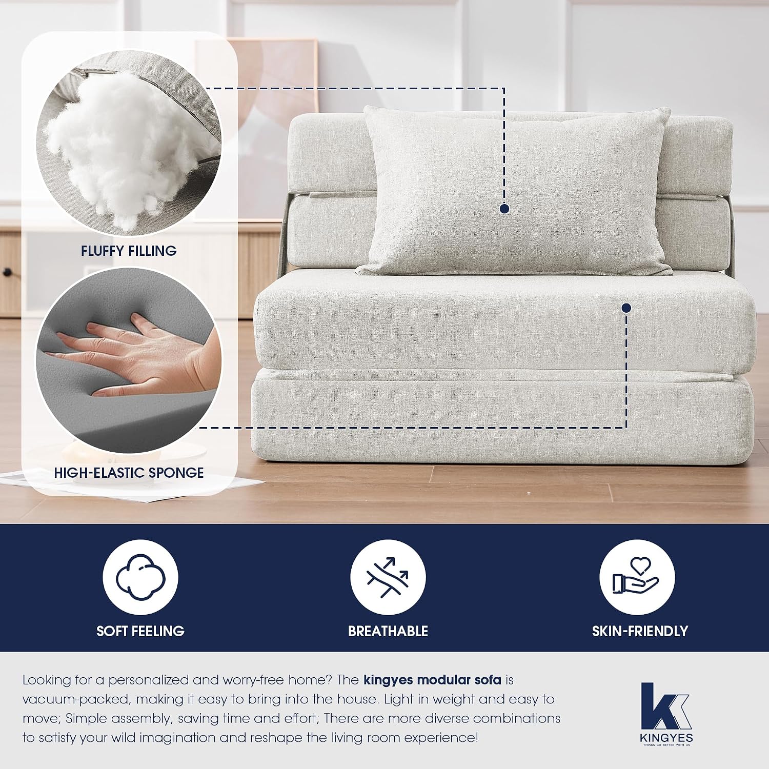 KINGYES 3-in-1 Foldable Chair Bed, Folding Sleeper Chair with Back Cushion, Convertible Sofa Bed for Adults, Cream Beige