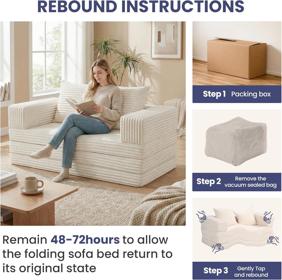 Convertible Sofa Bed, 4-in-1 Loveseat with Removable Armrests Backrest, Corduroy Futon Couch Bed with Pillow, Foldable Mattress Sleeper Sofa for Living Room Bedroom Small Place (Beige)