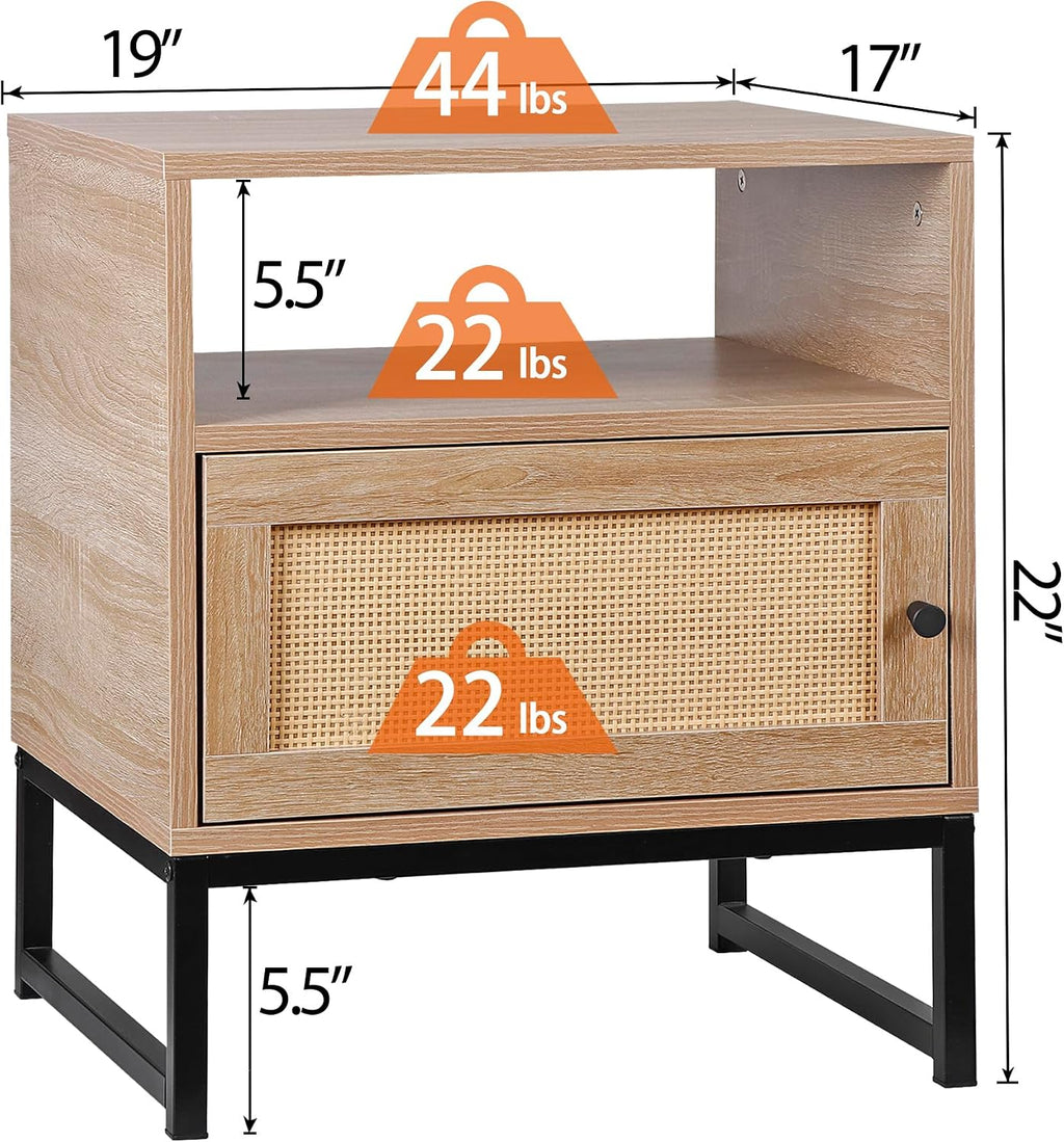 Nightstands End Table, PE Rattan Decor Drawer Opening Shelf, Set of 2 Bed Side Tables with Solid Steel Feet,for Bedroom Living Room Hallway, Natural