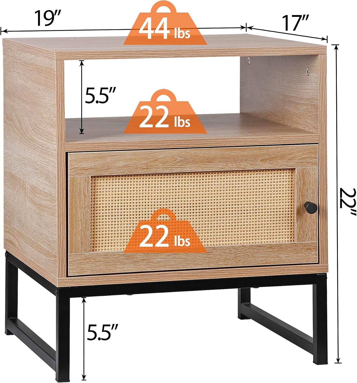 Nightstands End Table, PE Rattan Decor Drawer Opening Shelf, Set of 2 Bed Side Tables with Solid Steel Feet,for Bedroom Living Room Hallway, Natural