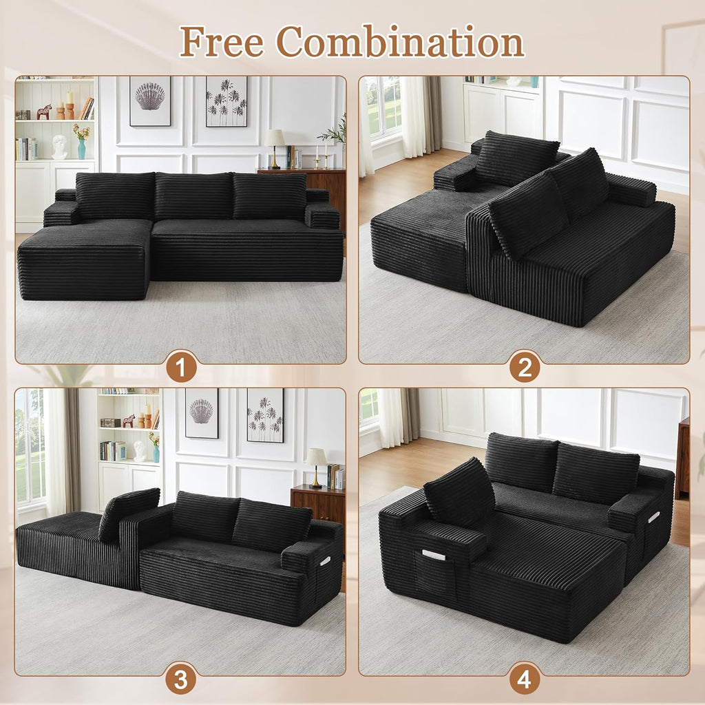 Eafurn 96" L Shaped Cloud Sectional Couch with Chaise, Deep Seat Modular Sectional Sofa Corduroy Memory Foam Sofa Couches for Living Room Bedroom, No Assembly Required, Black