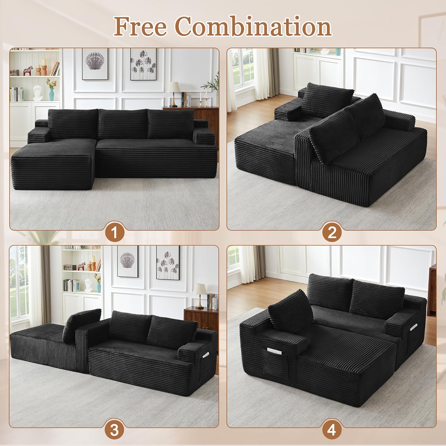 Eafurn 96" L Shaped Cloud Sectional Couch with Chaise, Deep Seat Modular Sectional Sofa Corduroy Memory Foam Sofa Couches for Living Room Bedroom, No Assembly Required, Black