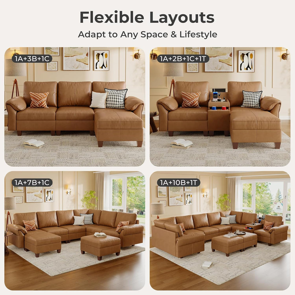 SITJOY Faux Leather Modular Sectional Sofa with Storage, Mid Century Modern Sectional Couches for Living Room, 11.8" Wide Armrests, 96" Wide 3 Seater L Shaped Couch with Chaise, Brown