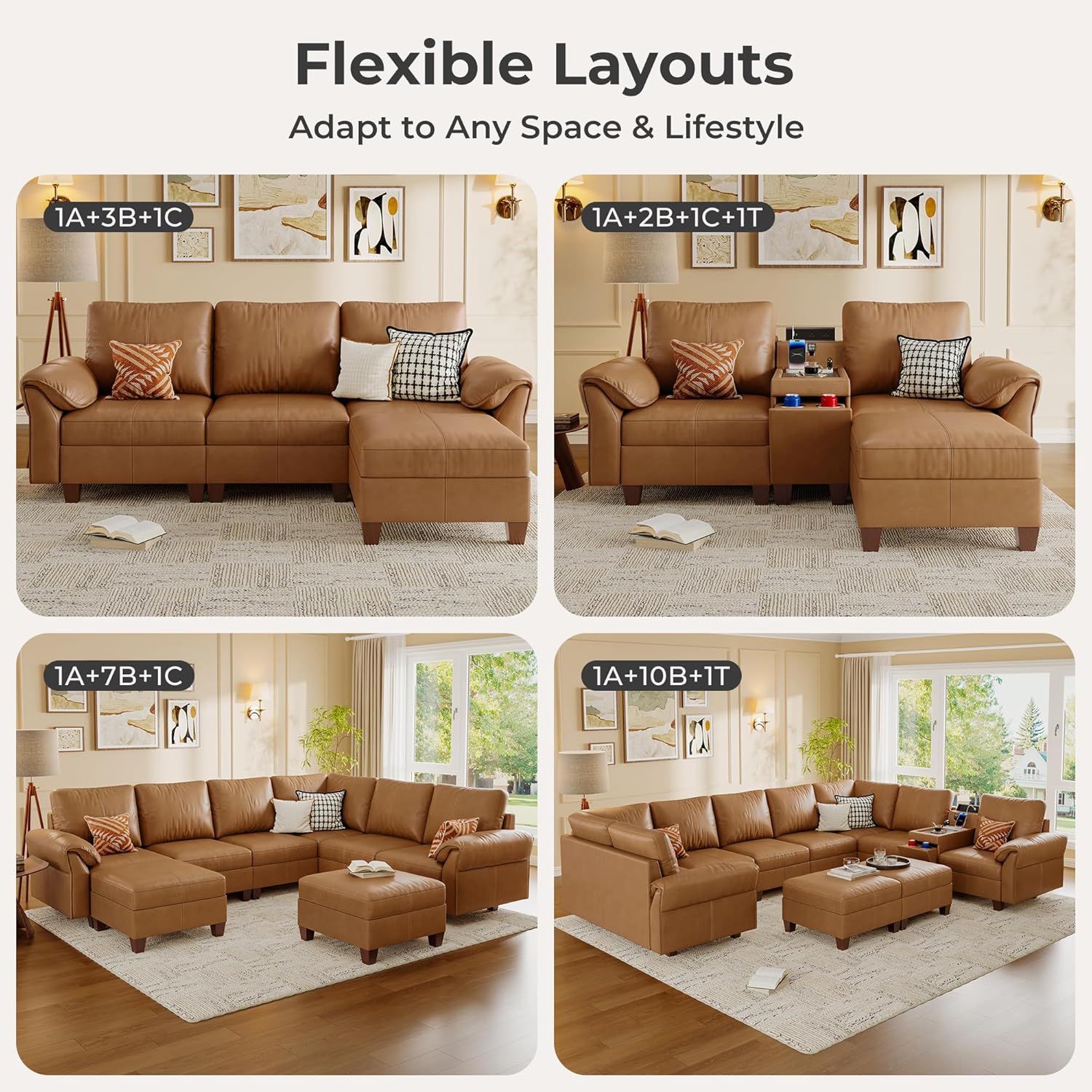 SITJOY Faux Leather Modular Sectional Sofa with Storage, Mid Century Modern Sectional Couches for Living Room, 11.8" Wide Armrests, 96" Wide 3 Seater L Shaped Couch with Chaise, Brown