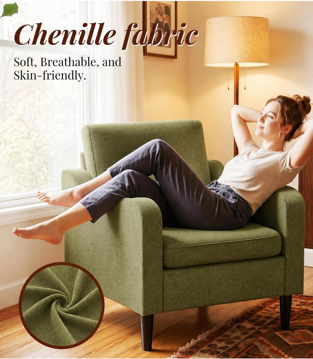 LEVELEVE Accent Arm Chair – Olive Green, Upholstered Scooped Comfy Reading Chair for Living Room, Bedroom, Apartment, Waiting Room