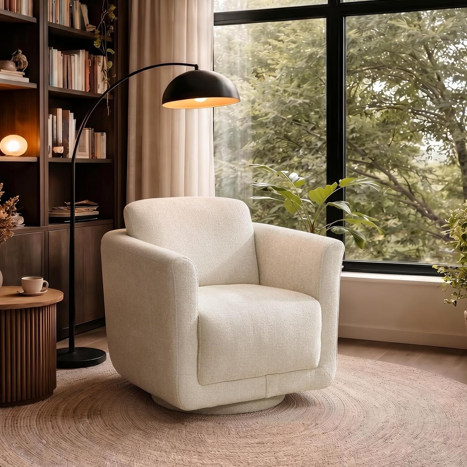 Swivel Accent Chair, 360° Barrel Chair with Solid Wood Frame & Removable Ergonomic Support Back Cushion, Fully Assembled Chenille Armchair for Living Room & Bedroom, Beige