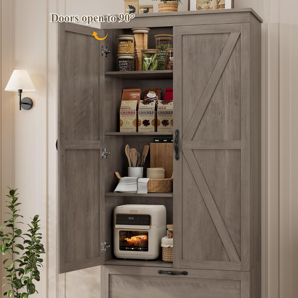 HOSTACK 70" Tall Kitchen Pantry Storage, Barn Doors Pantry Cabinet with Drawers and Adjustable Shelf, Modern Farmhouse Storage Cabinet for Kitchen, Dining Room, Living Room, Bathroom, Ash Grey
